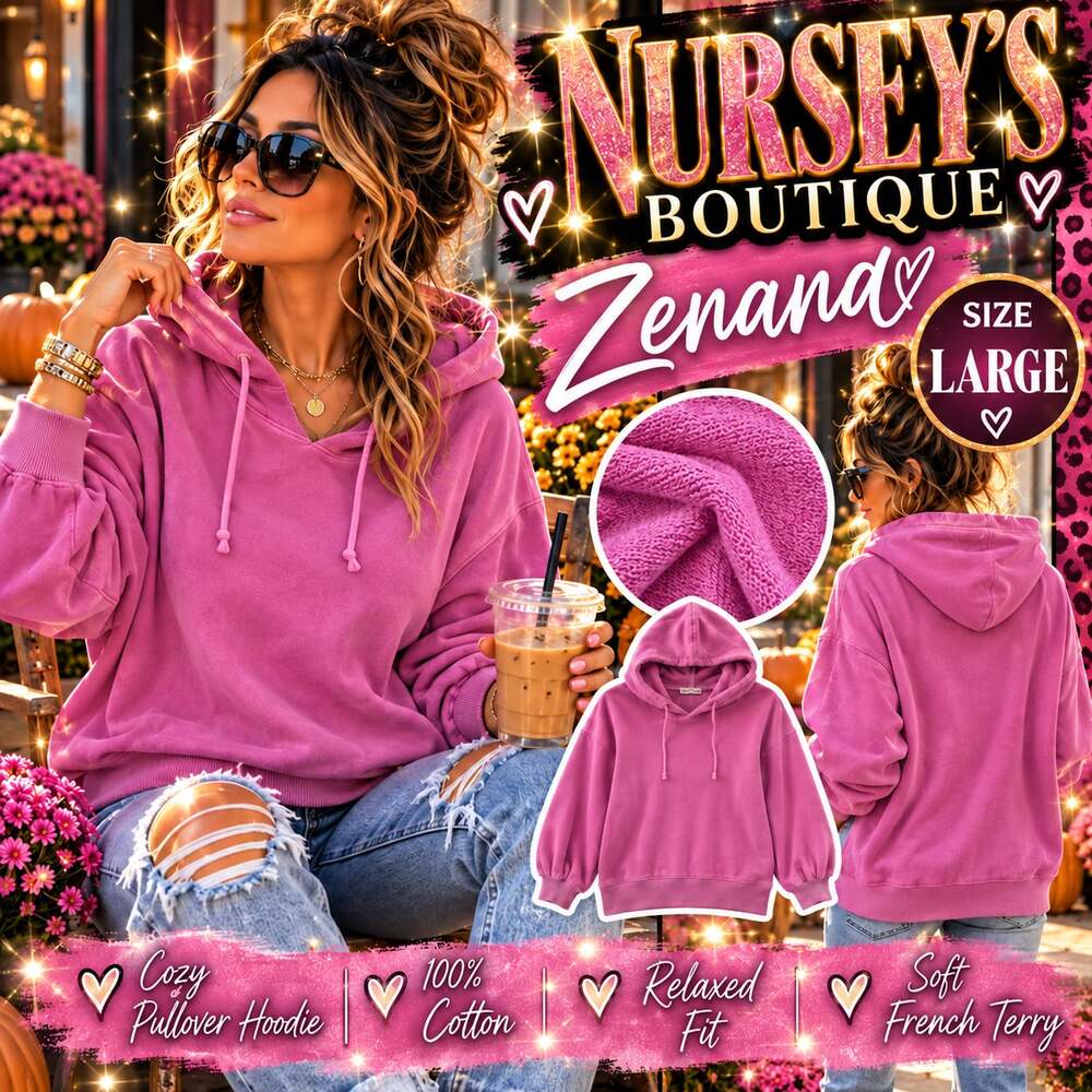 Zenana Purple Pink Cotton Pullover Hoodie Sweatshirt Relaxed Fit L NIB